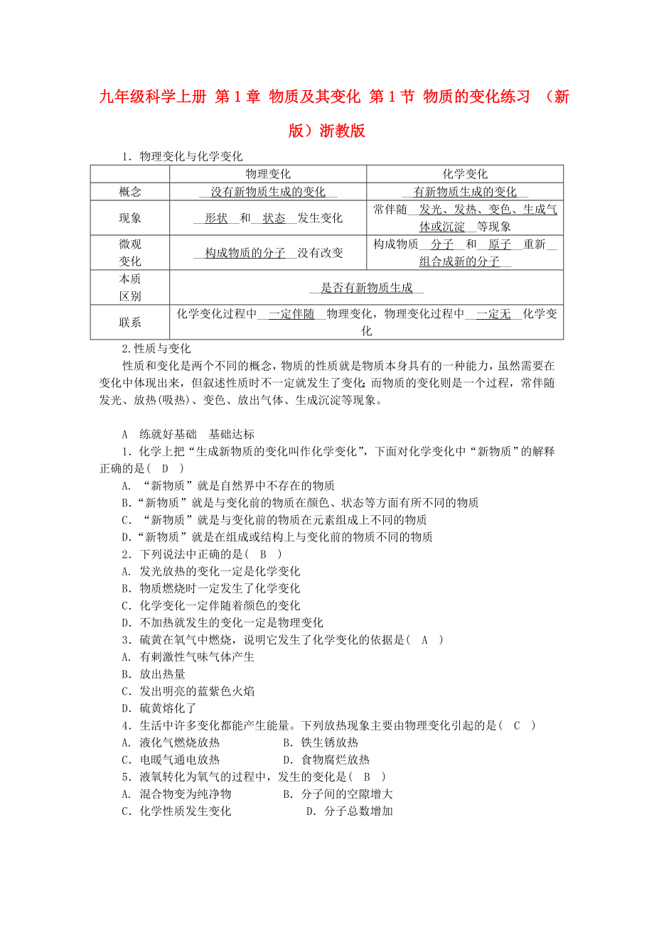 九年級(jí)科學(xué)上冊(cè) 第1章 物質(zhì)及其變化 第1節(jié) 物質(zhì)的變化練習(xí) （新版）浙教版_第1頁(yè)