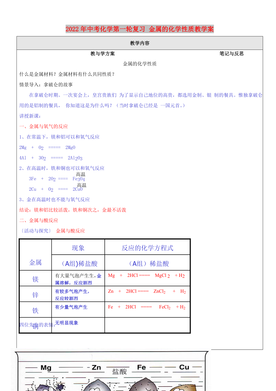 2022年中考化學第一輪復習 金屬的化學性質教學案_第1頁