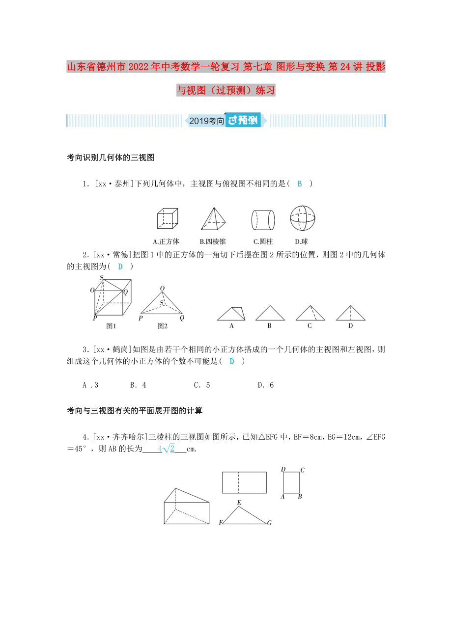 山東省德州市2022年中考數(shù)學(xué)一輪復(fù)習(xí) 第七章 圖形與變換 第24講 投影與視圖（過預(yù)測）練習(xí)_第1頁