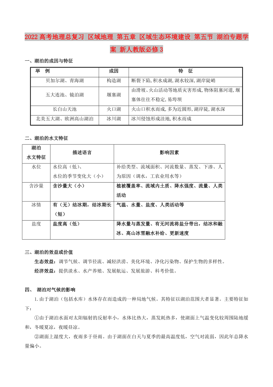 2022高考地理總復習 區(qū)域地理 第五章 區(qū)域生態(tài)環(huán)境建設(shè) 第五節(jié) 湖泊專題學案 新人教版必修3_第1頁