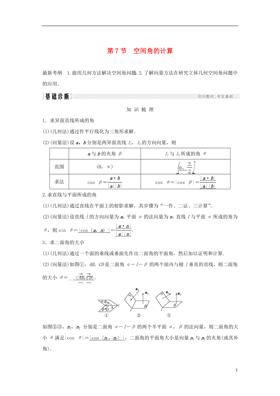 （浙江專版）2019版高考數(shù)學(xué)大一輪復(fù)習(xí) 第八章 立體幾何初步 第7節(jié) 空間角的計算學(xué)案 理_第1頁