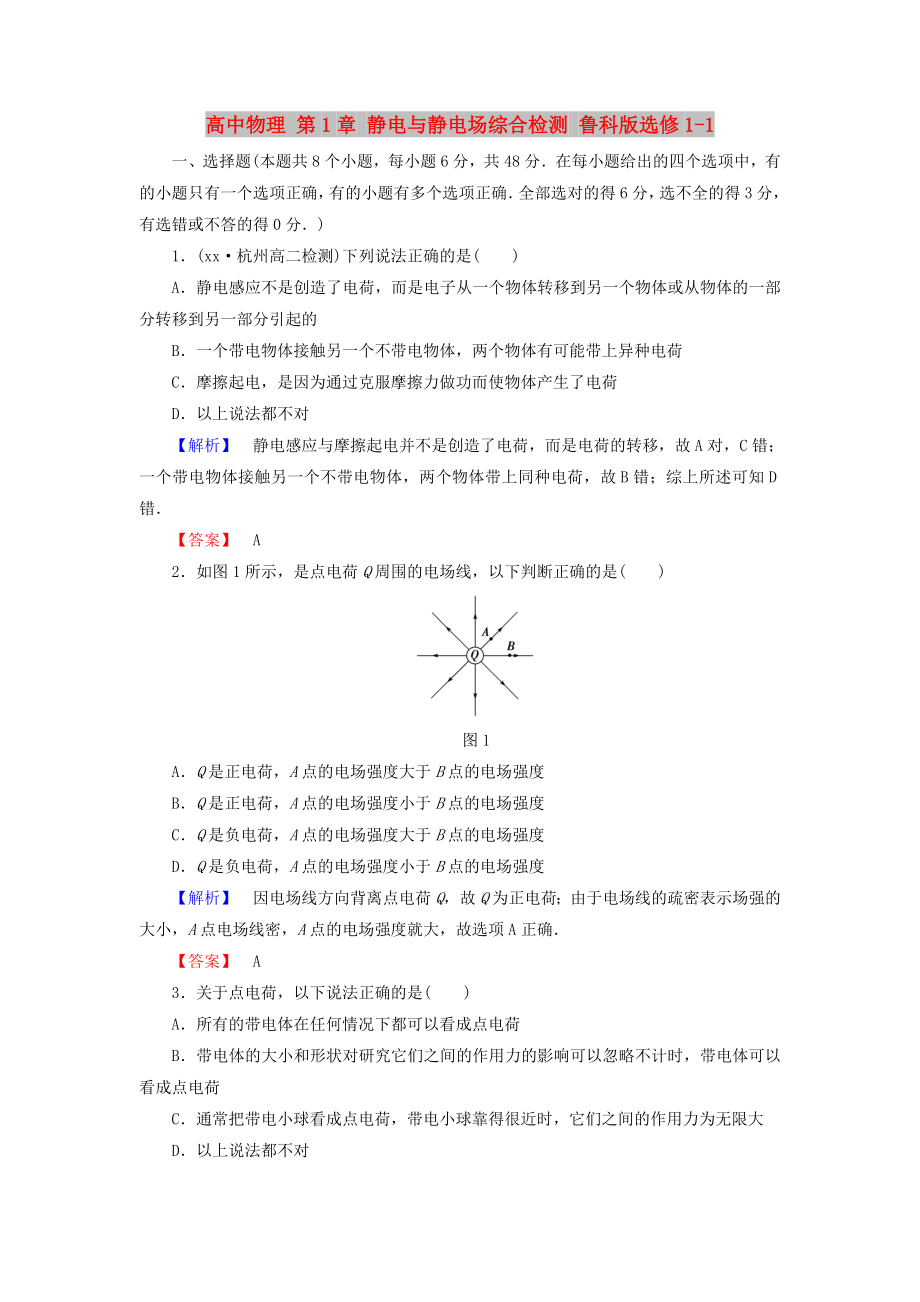 高中物理 第1章 靜電與靜電場(chǎng)綜合檢測(cè) 魯科版選修1-1_第1頁(yè)