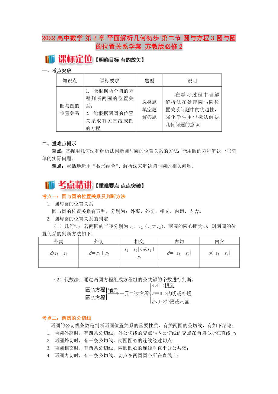 2022高中數(shù)學 第2章 平面解析幾何初步 第二節(jié) 圓與方程3 圓與圓的位置關系學案 蘇教版必修2_第1頁