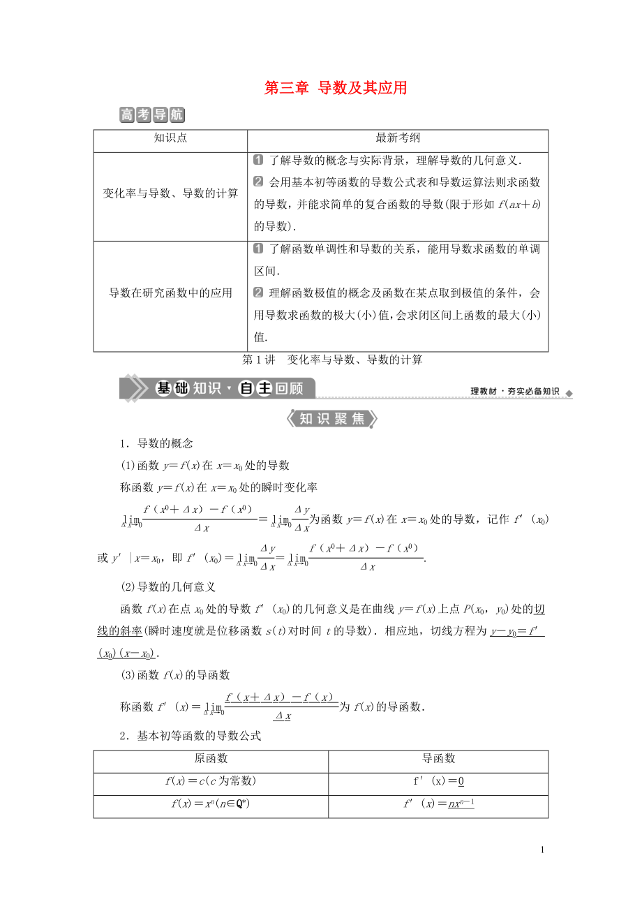 （浙江專用）2021版新高考數(shù)學一輪復習 第三章 導數(shù)及其應用 1 第1講 變化率與導數(shù)、導數(shù)的計算教學案_第1頁