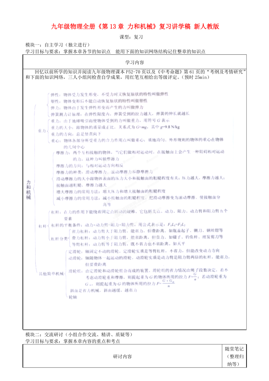 九年級物理全冊《第13章 力和機械》復習講學稿 新人教版_第1頁