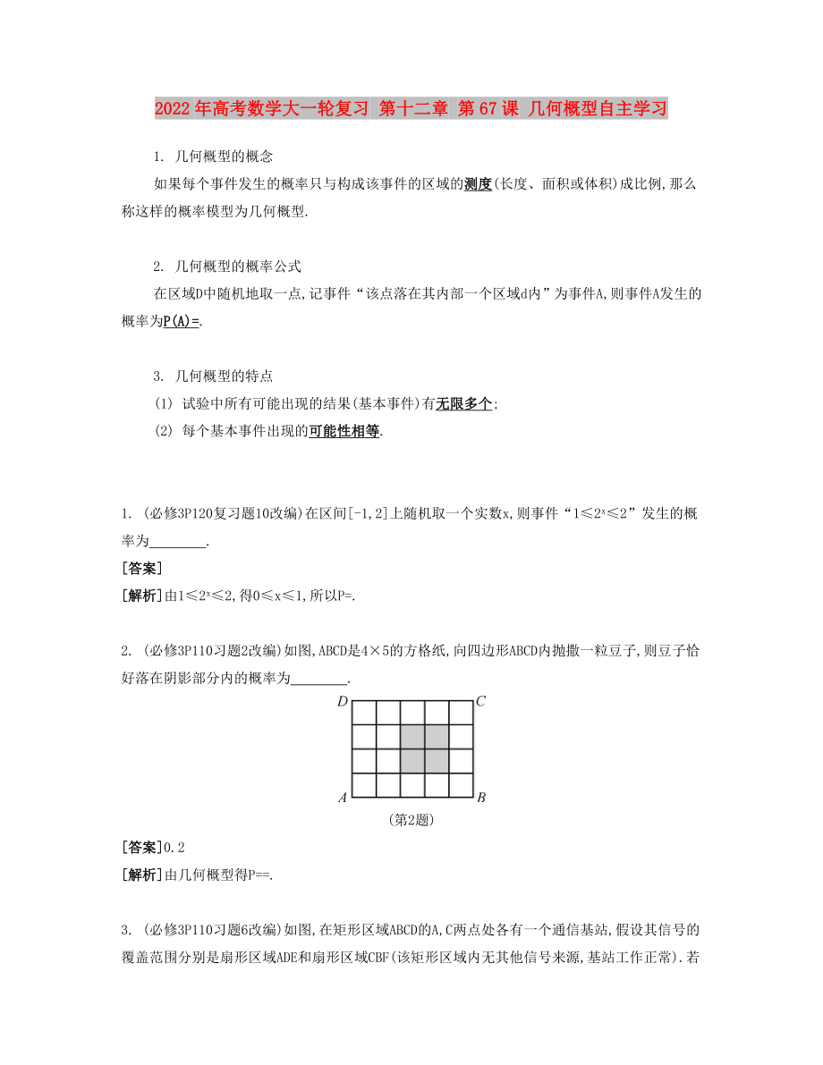 2022年高考數(shù)學(xué)大一輪復(fù)習(xí) 第十二章 第67課 幾何概型自主學(xué)習(xí)_第1頁