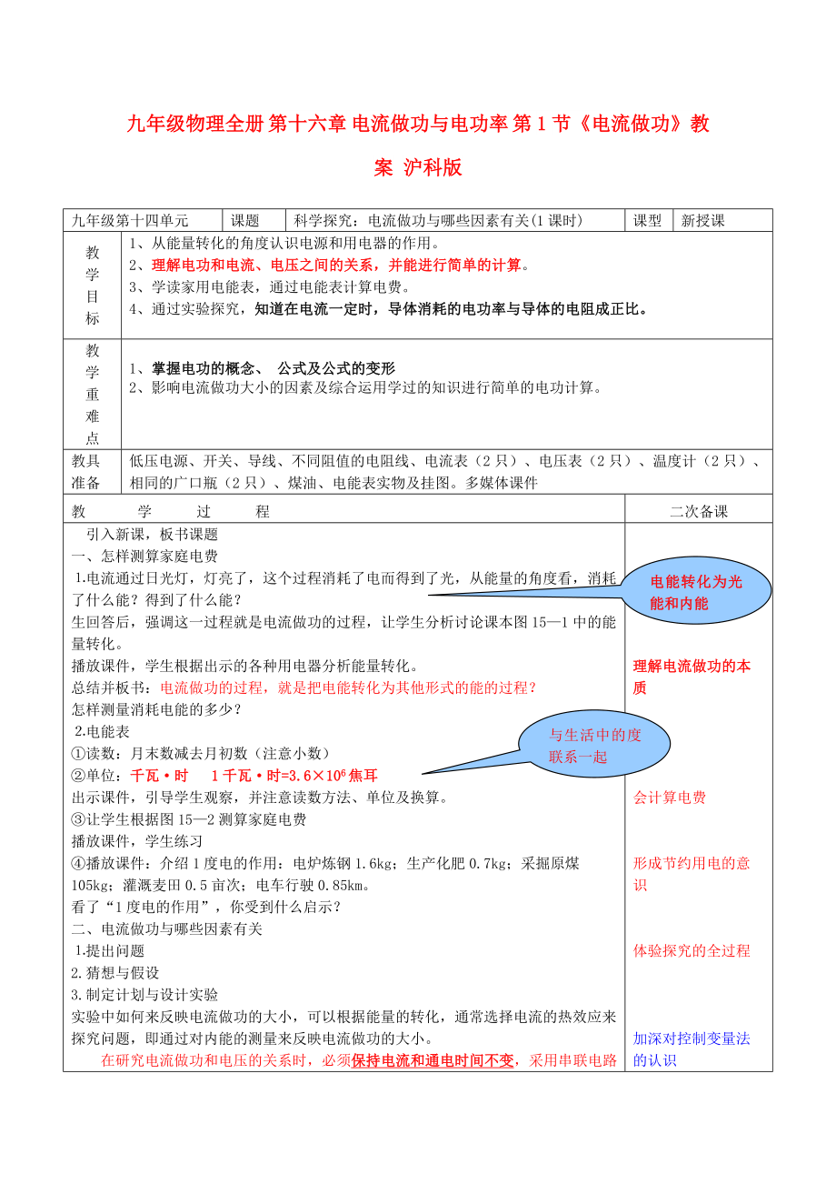 九年級(jí)物理全冊(cè) 第十六章 電流做功與電功率 第1節(jié)《電流做功》教案 滬科版_第1頁(yè)