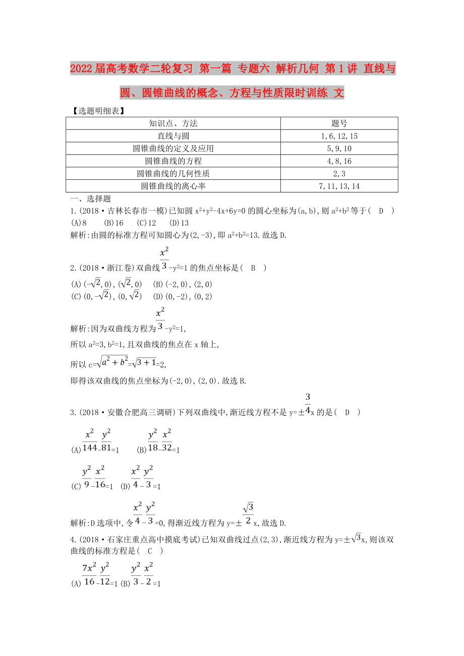 2022届高考数学二轮复习 第一篇 专题六 解析几何 第1讲 直线与圆、圆锥曲线的概念、方程与性质限时训练 文_第1页