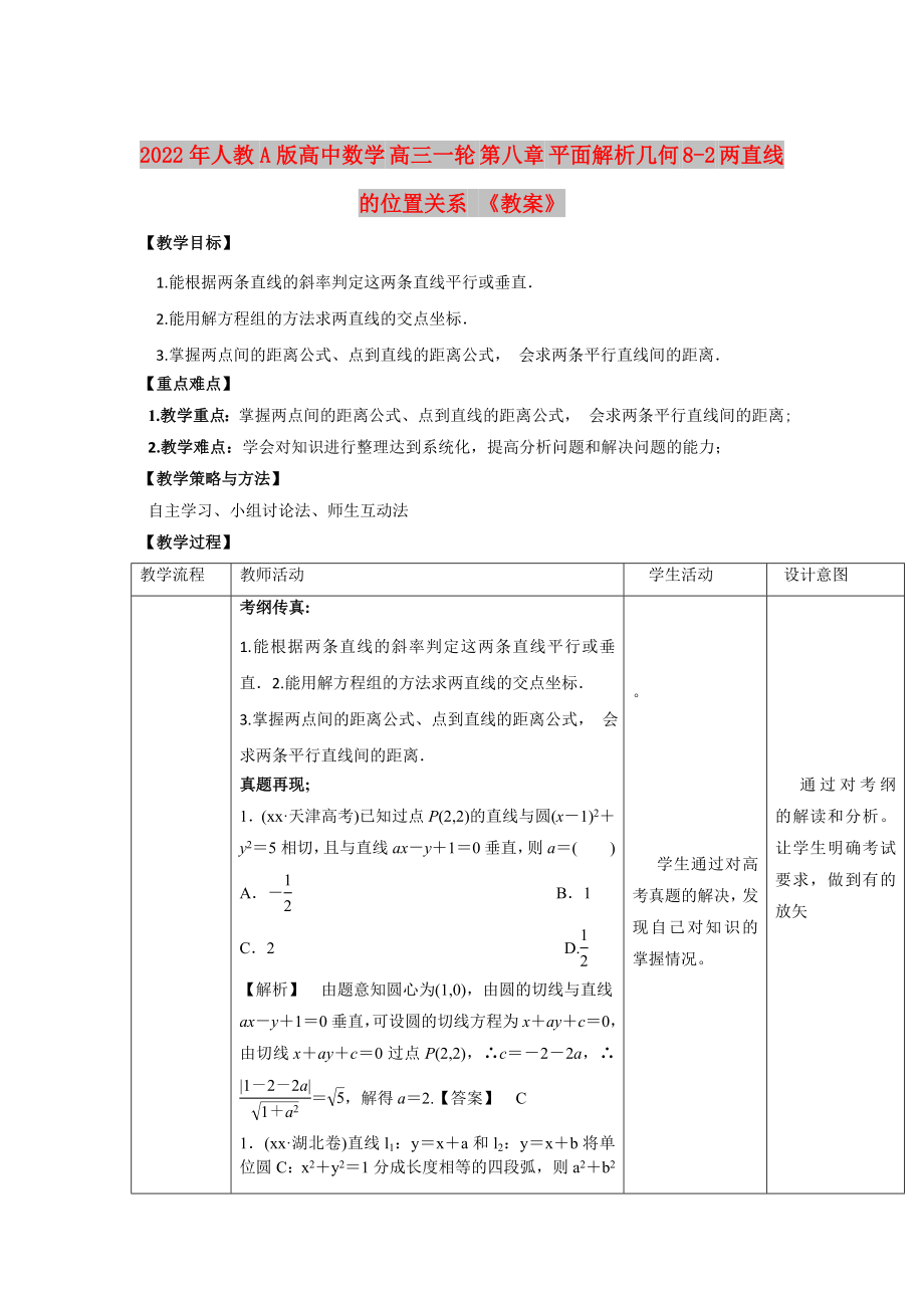 2022年人教A版高中數(shù)學(xué) 高三一輪 第八章 平面解析幾何 8-2 兩直線的位置關(guān)系 《教案》_第1頁