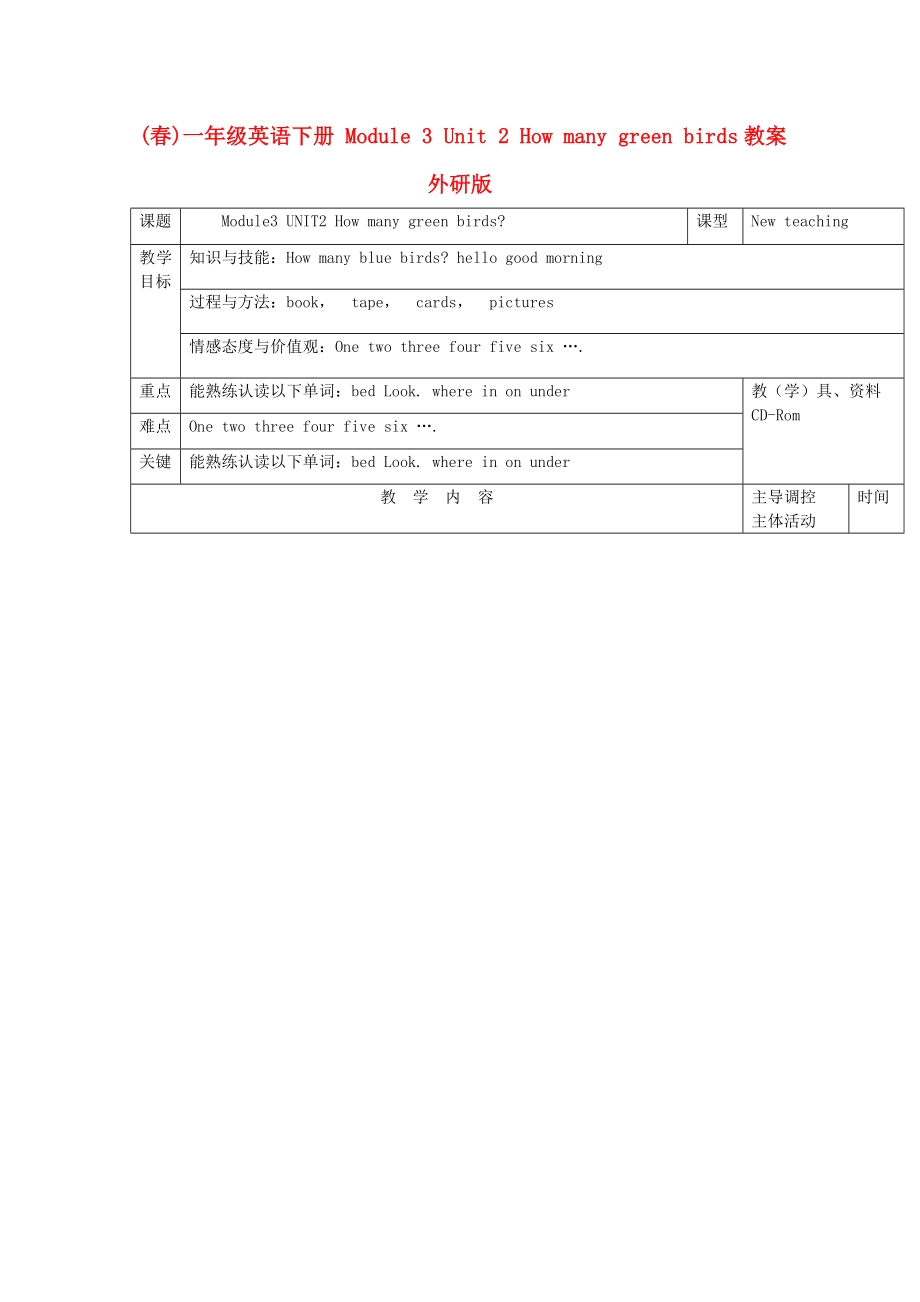 (春)一年級英語下冊 Module 3 Unit 2 How many green birds教案 外研版_第1頁