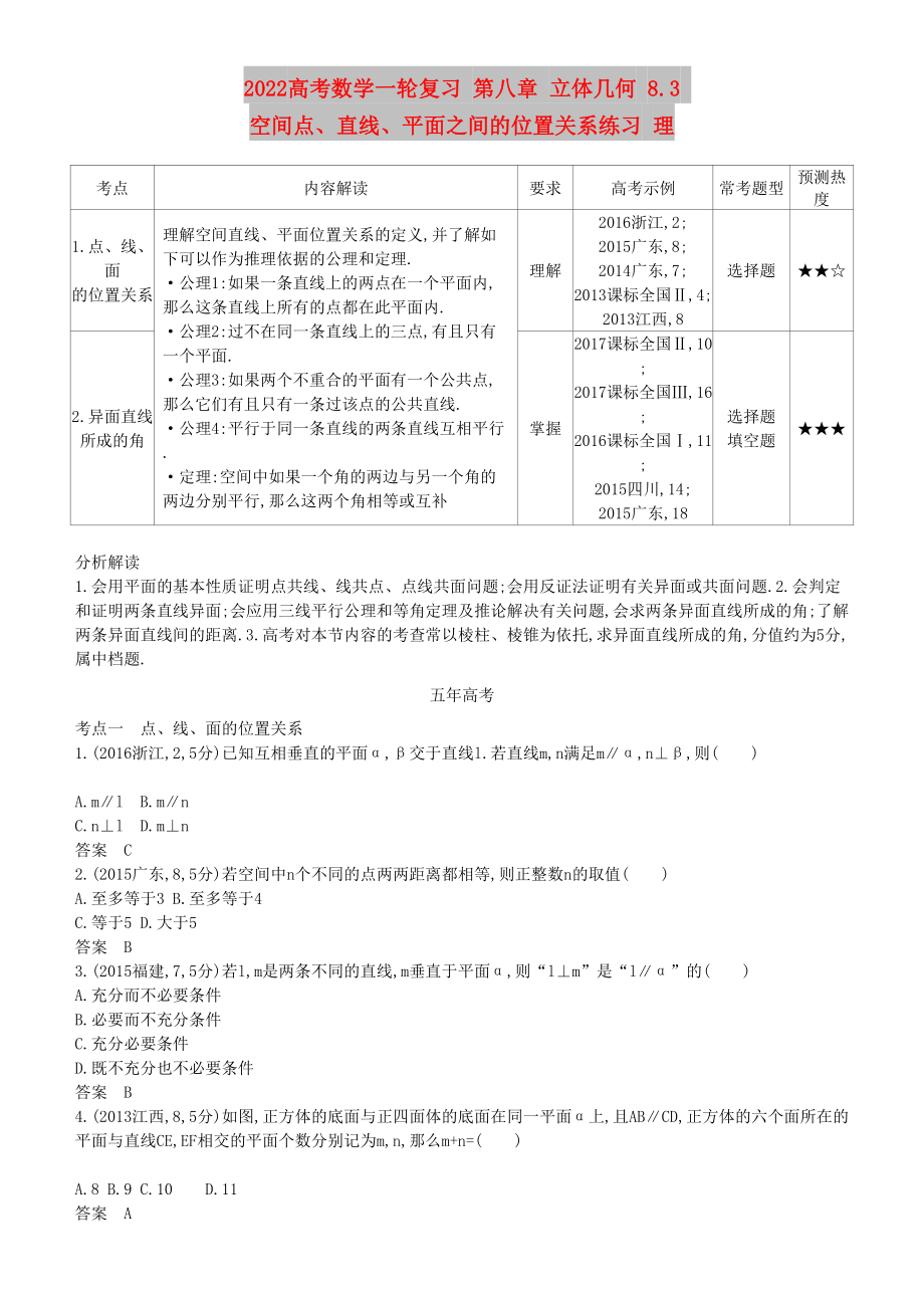 2022高考數(shù)學(xué)一輪復(fù)習(xí) 第八章 立體幾何 8.3 空間點、直線、平面之間的位置關(guān)系練習(xí) 理_第1頁