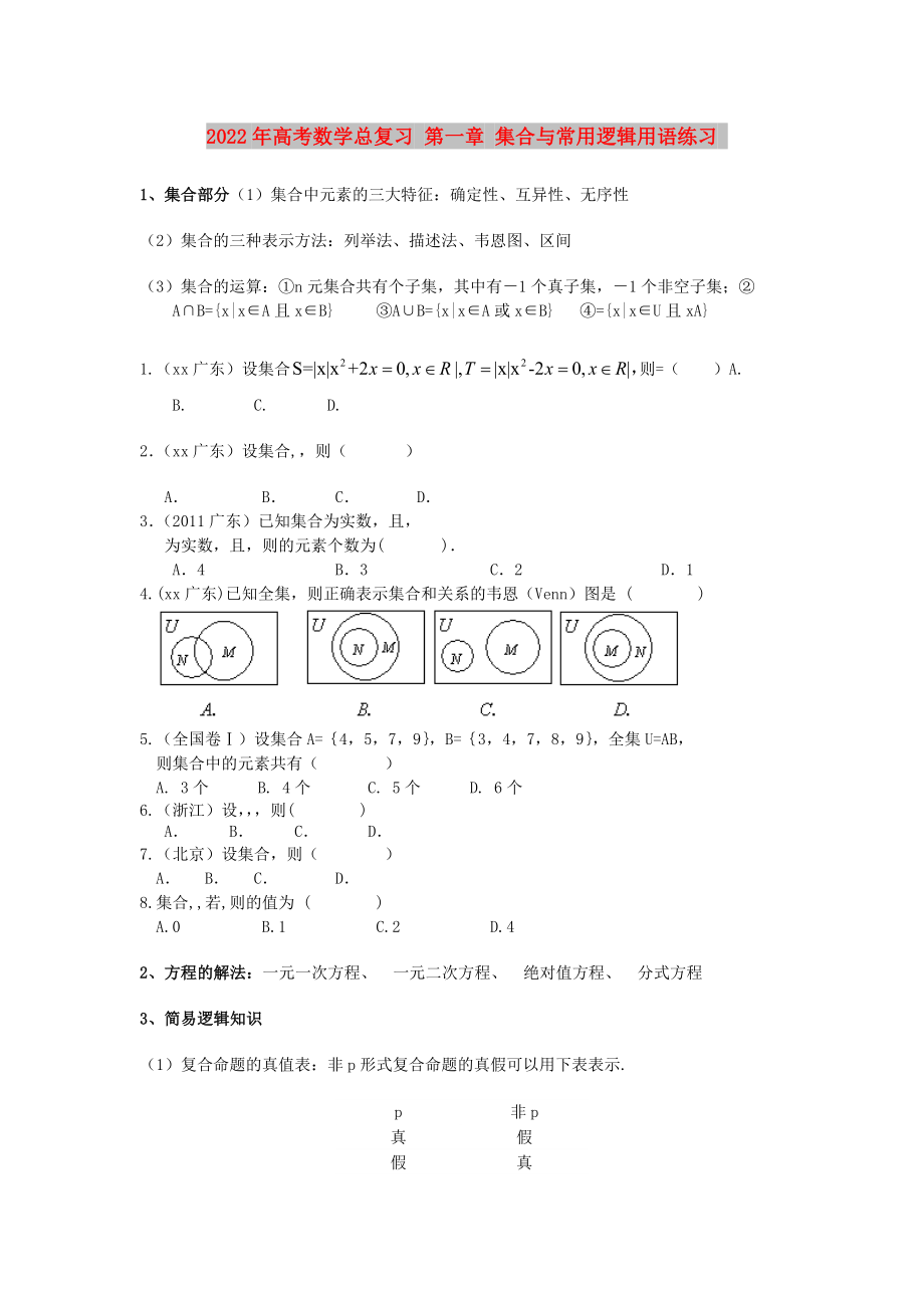 2022年高考數(shù)學(xué)總復(fù)習(xí) 第一章 集合與常用邏輯用語練習(xí)_第1頁