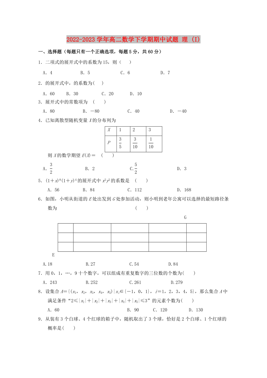 2022-2023學(xué)年高二數(shù)學(xué)下學(xué)期期中試題 理 (I)_第1頁(yè)