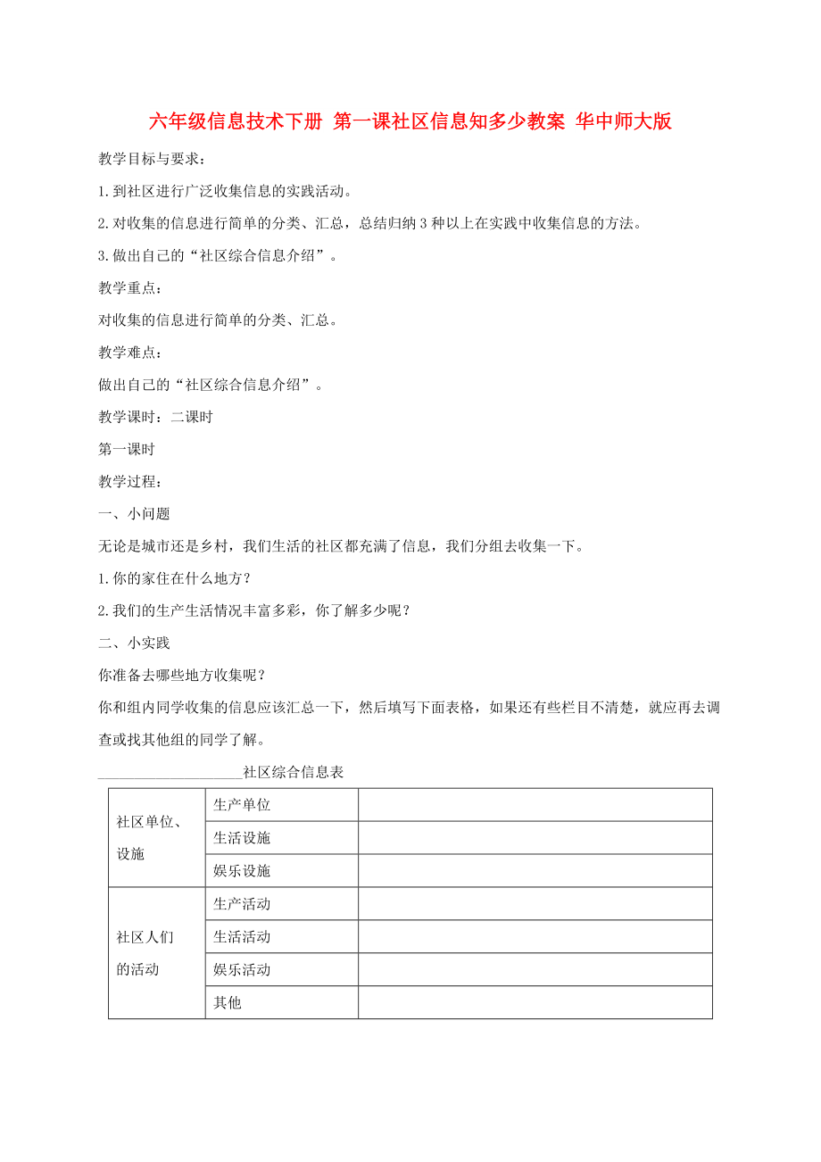 六年級(jí)信息技術(shù)下冊(cè) 第一課社區(qū)信息知多少教案 華中師大版_第1頁(yè)