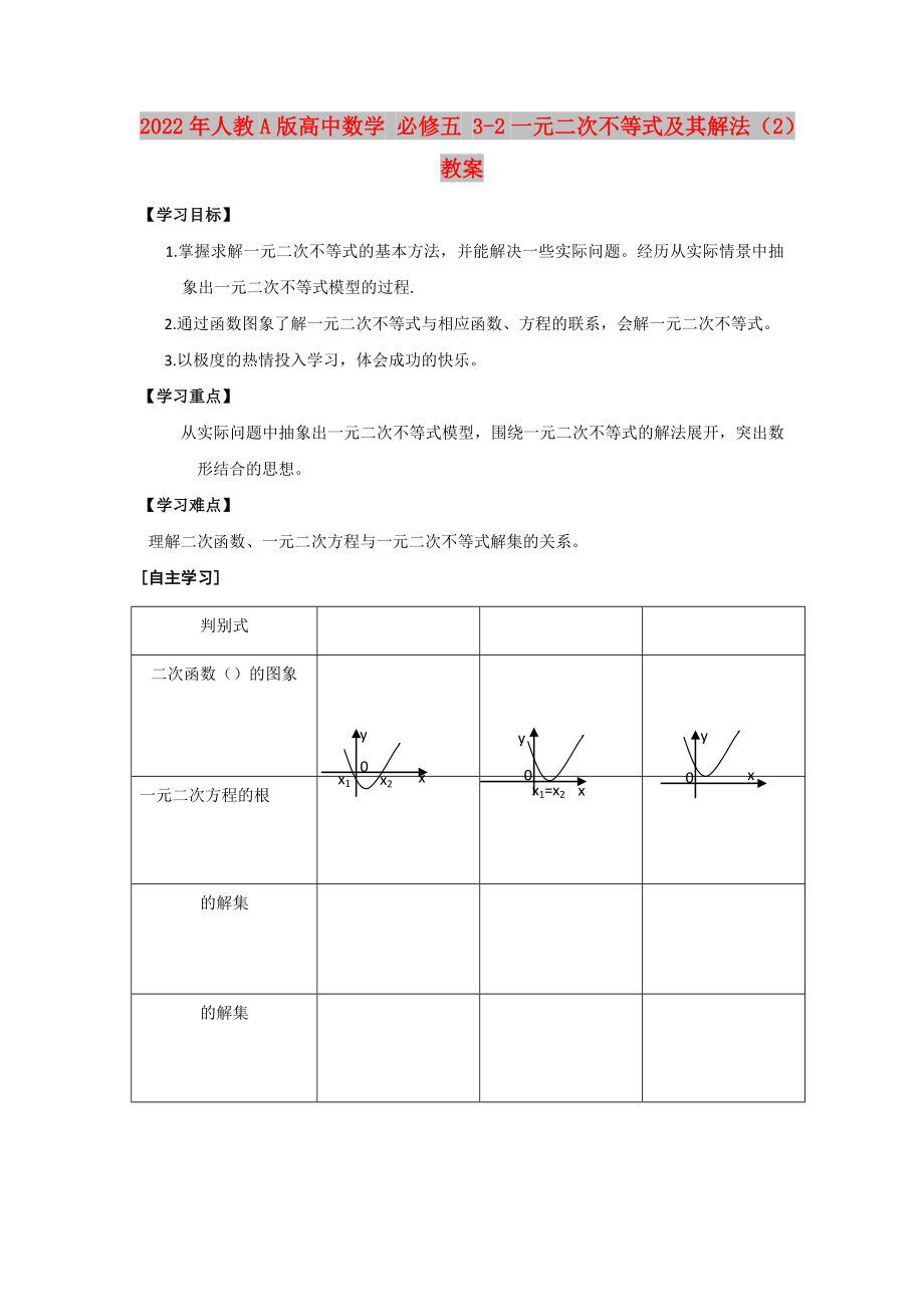 2022年人教A版高中數(shù)學(xué) 必修五 3-2一元二次不等式及其解法（2）教案_第1頁