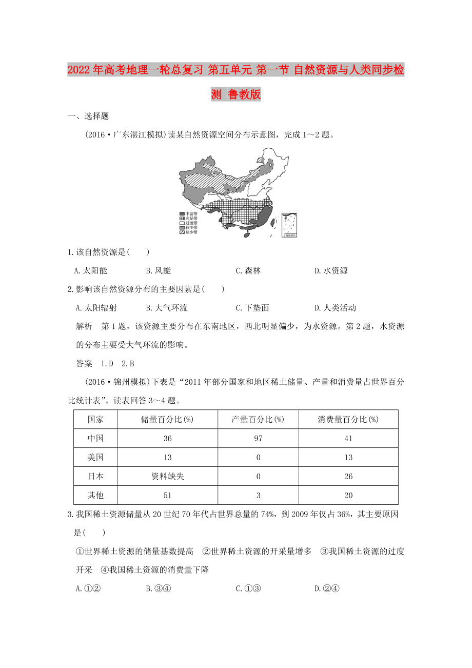 2022年高考地理一輪總復(fù)習(xí) 第五單元 第一節(jié) 自然資源與人類(lèi)同步檢測(cè) 魯教版_第1頁(yè)