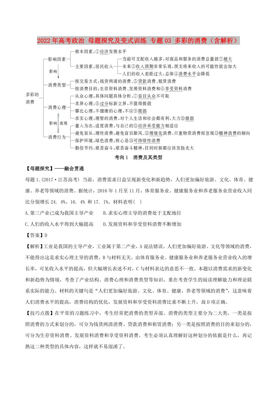 2022年高考政治 母題探究及變式訓(xùn)練 專題03 多彩的消費（含解析）_第1頁