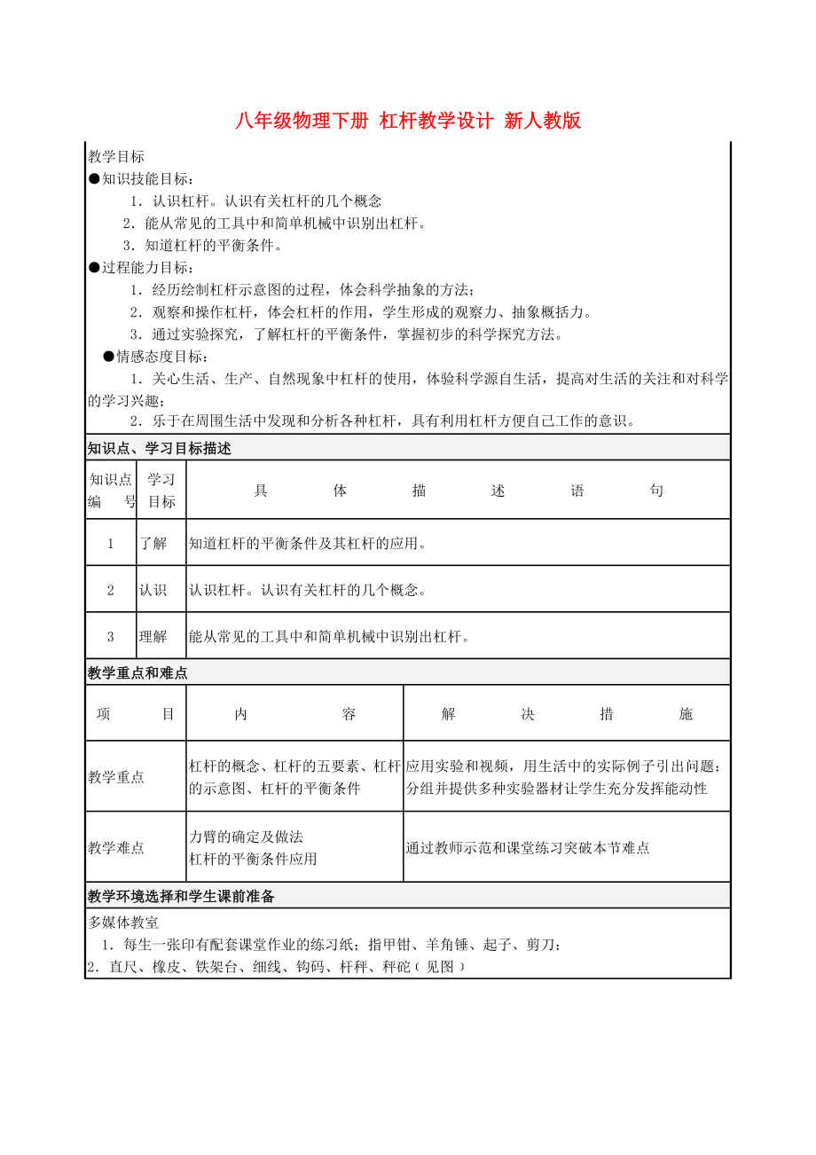 八年级物理下册 杠杆教学设计 新人教版_第1页