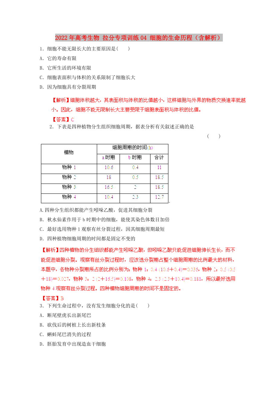 2022年高考生物 拉分专项训练04 细胞的生命历程（含解析）_第1页