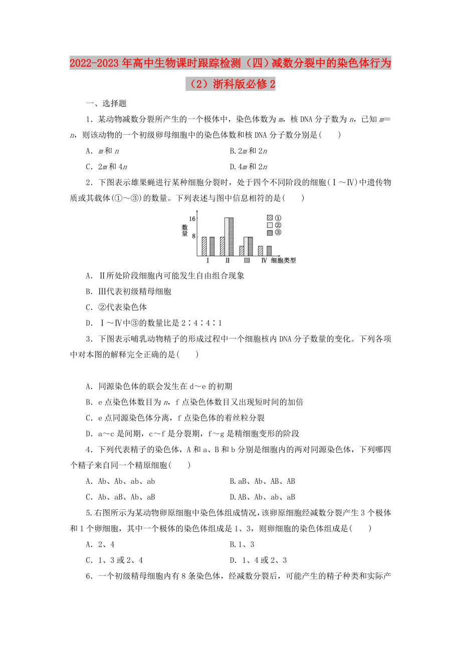 2022-2023年高中生物 課時跟蹤檢測（四）減數(shù)分裂中的染色體行為（2）浙科版必修2_第1頁