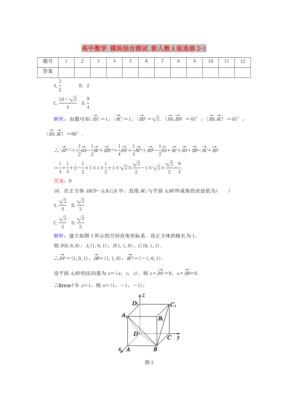 高中數(shù)學(xué) 模塊綜合測試 新人教A版選修2-1_第1頁