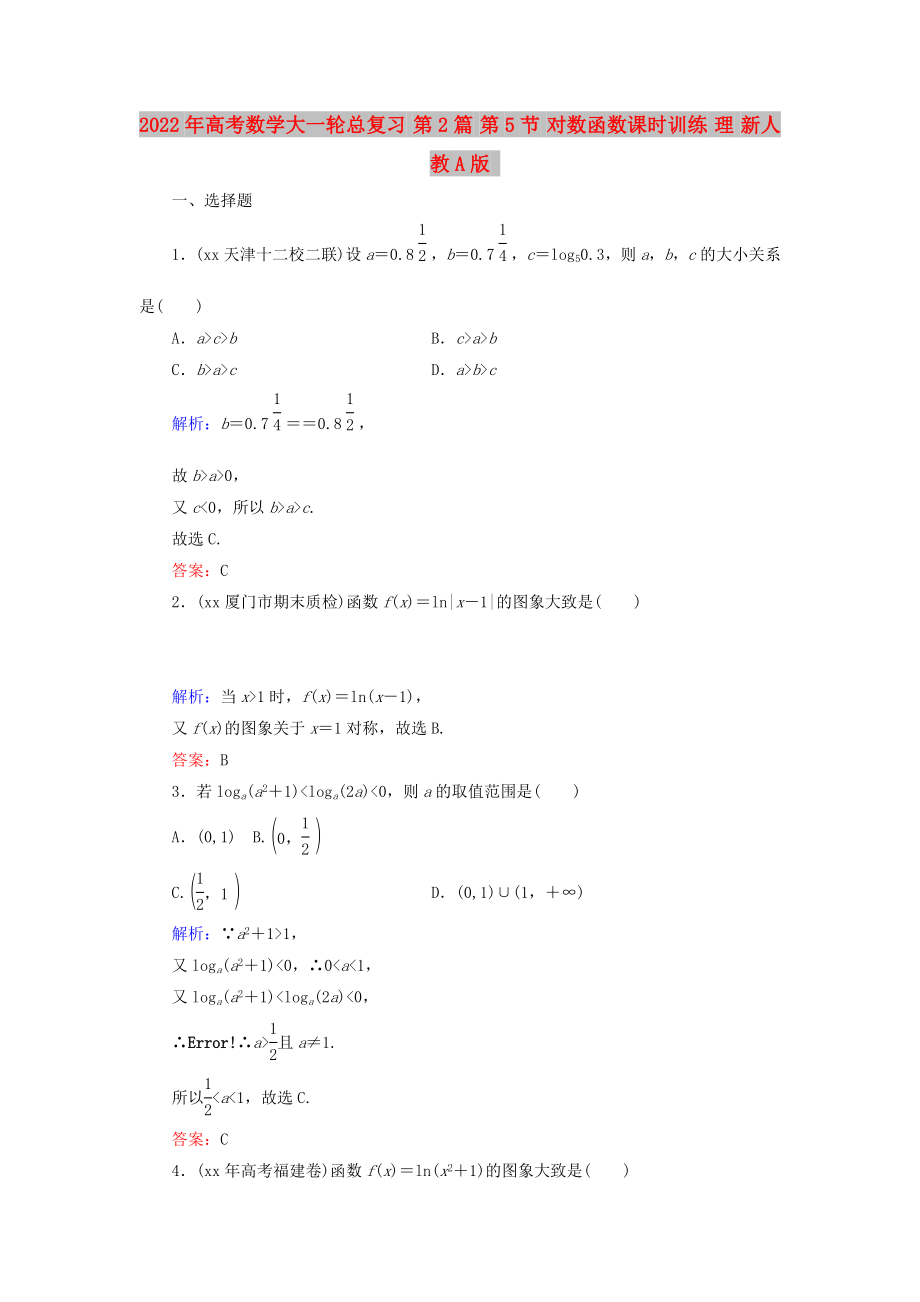 2022年高考数学大一轮总复习 第2篇 第5节 对数函数课时训练 理 新人教A版_第1页