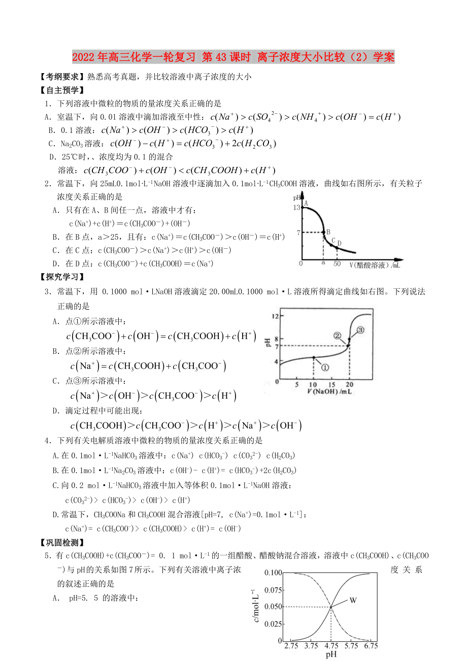 2022年高三化學一輪復習 第43課時 離子濃度大小比較（2）學案_第1頁