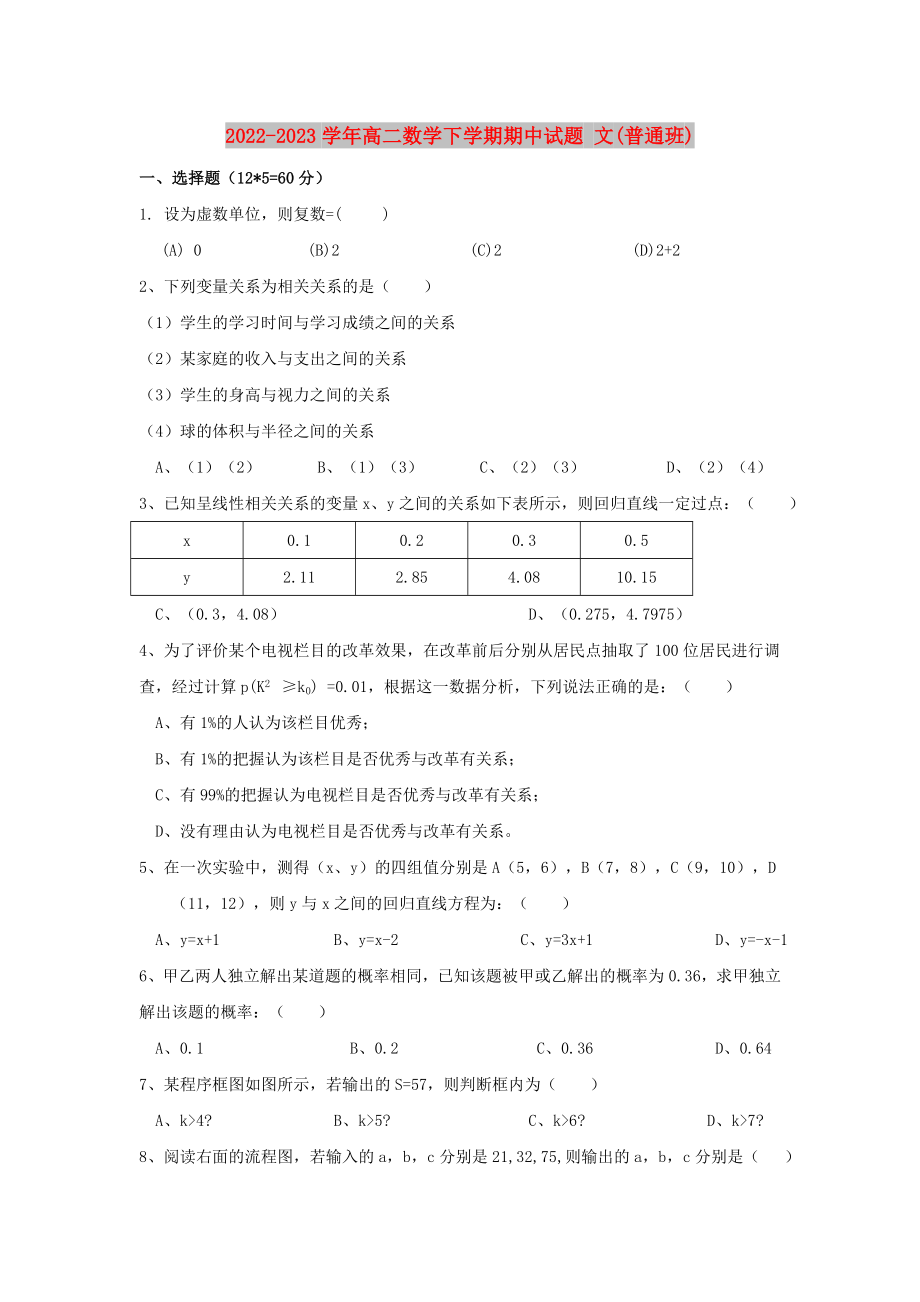 2022-2023學(xué)年高二數(shù)學(xué)下學(xué)期期中試題 文(普通班)_第1頁(yè)