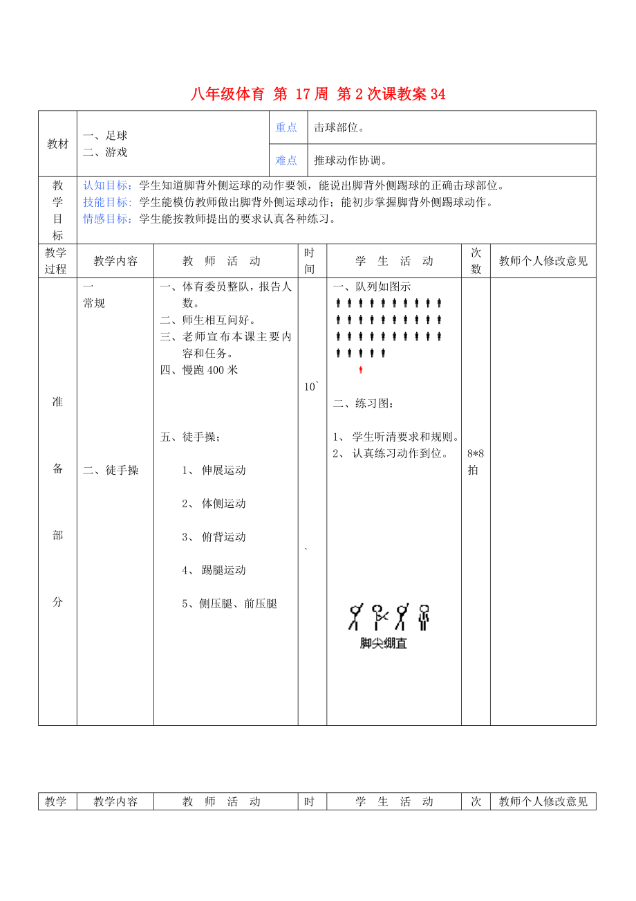 八年級體育 第 17周 第2次課教案34_第1頁