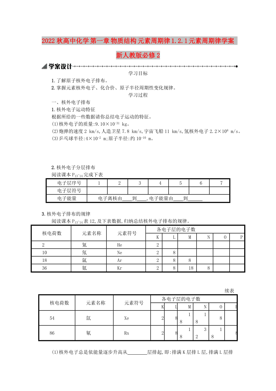 2022秋高中化學 第一章 物質結構 元素周期律 1.2.1 元素周期律學案 新人教版必修2_第1頁