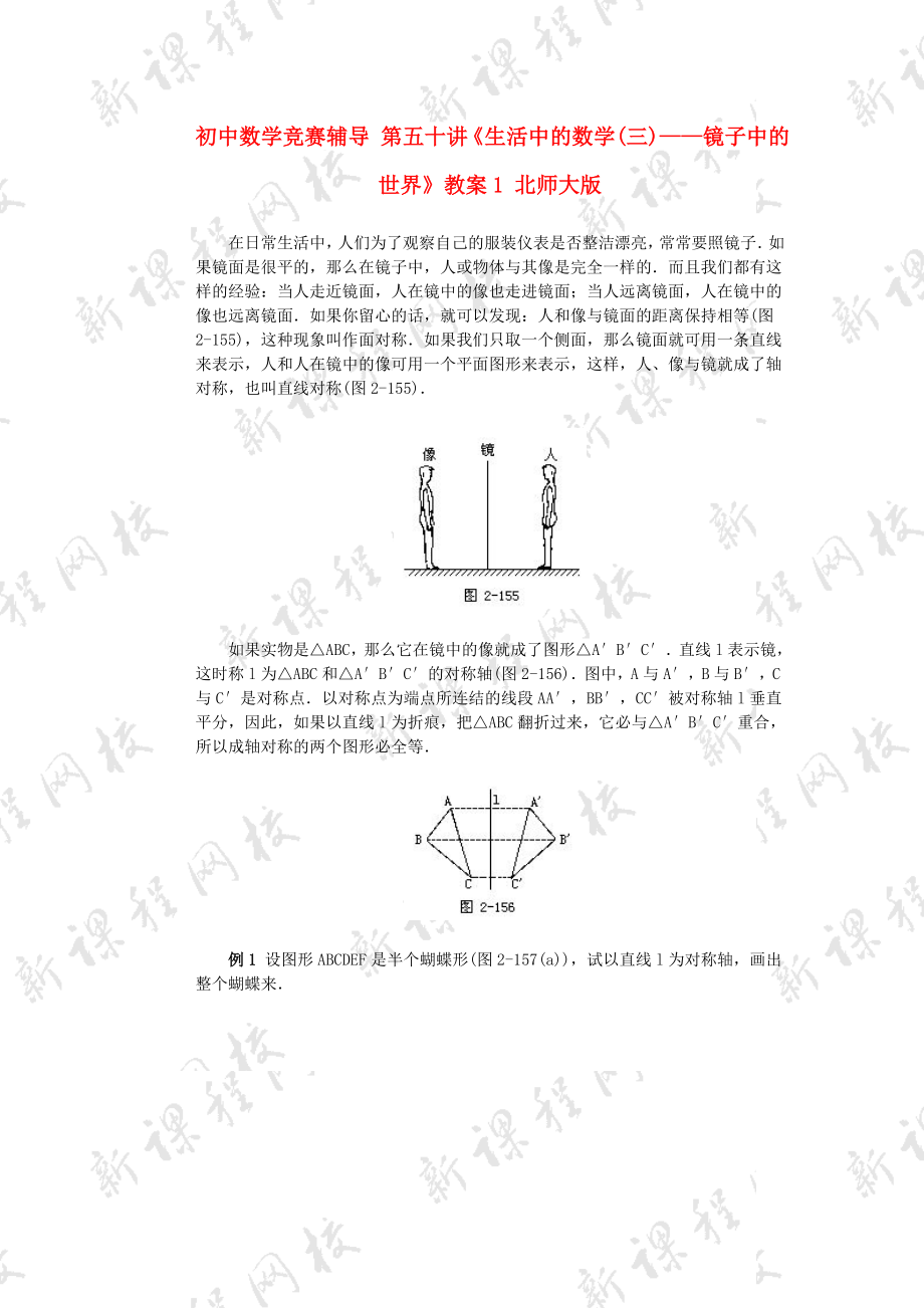 初中數(shù)學(xué)競賽輔導(dǎo) 第五十講《生活中的數(shù)學(xué)(三)——鏡子中的世界》教案1 北師大版_第1頁