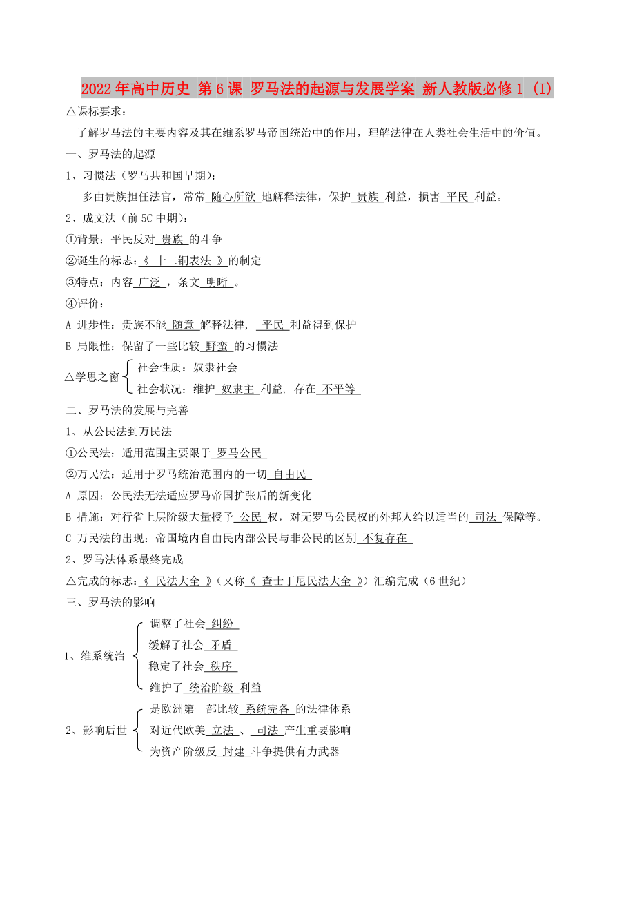 2022年高中歷史 第6課 羅馬法的起源與發(fā)展學案 新人教版必修1 (I)_第1頁