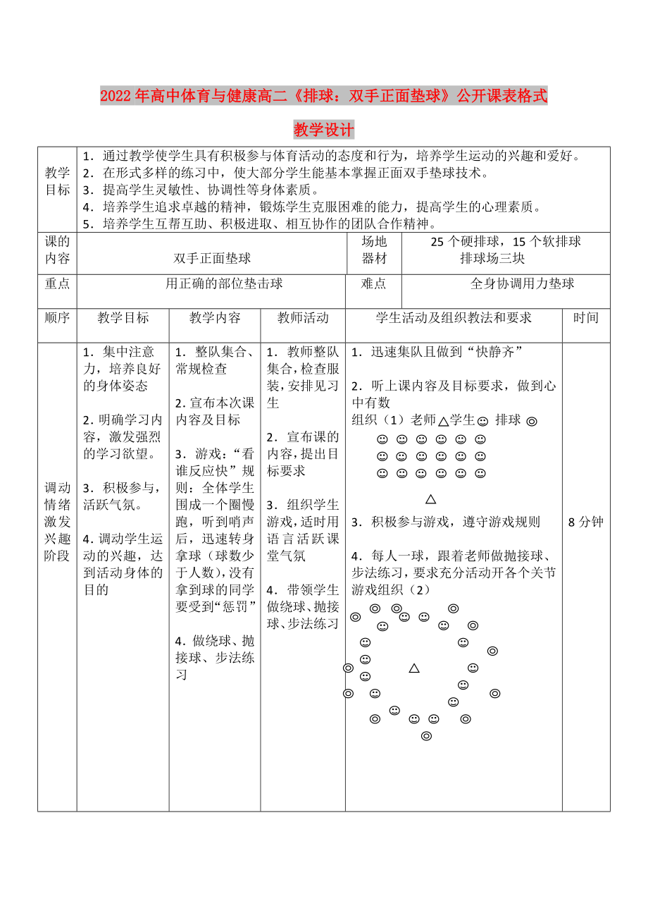 2022年高中體育與健康高二《排球：雙手正面墊球》公開課表格式教學(xué)設(shè)計(jì)_第1頁