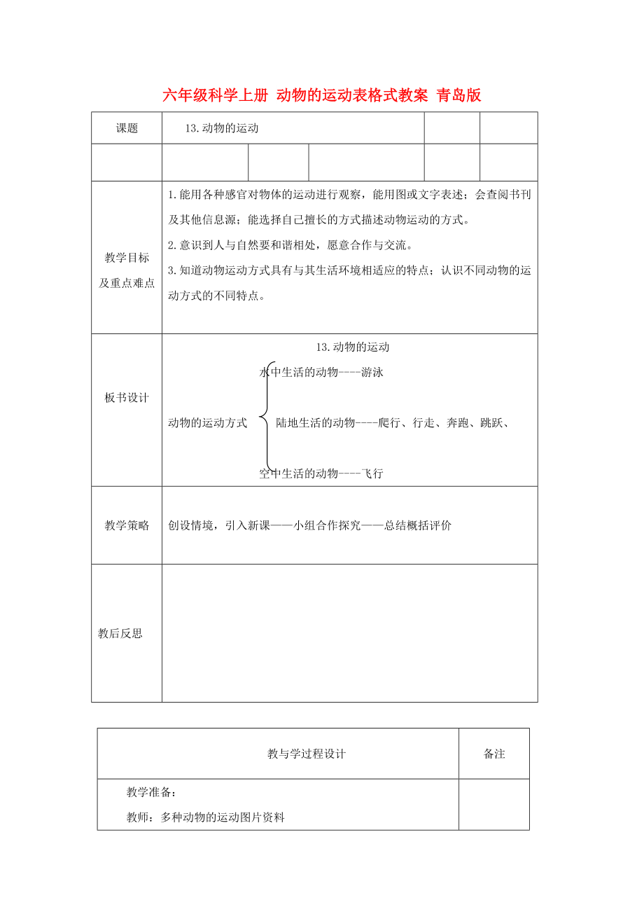 六年級(jí)科學(xué)上冊(cè) 動(dòng)物的運(yùn)動(dòng)表格式教案 青島版_第1頁(yè)