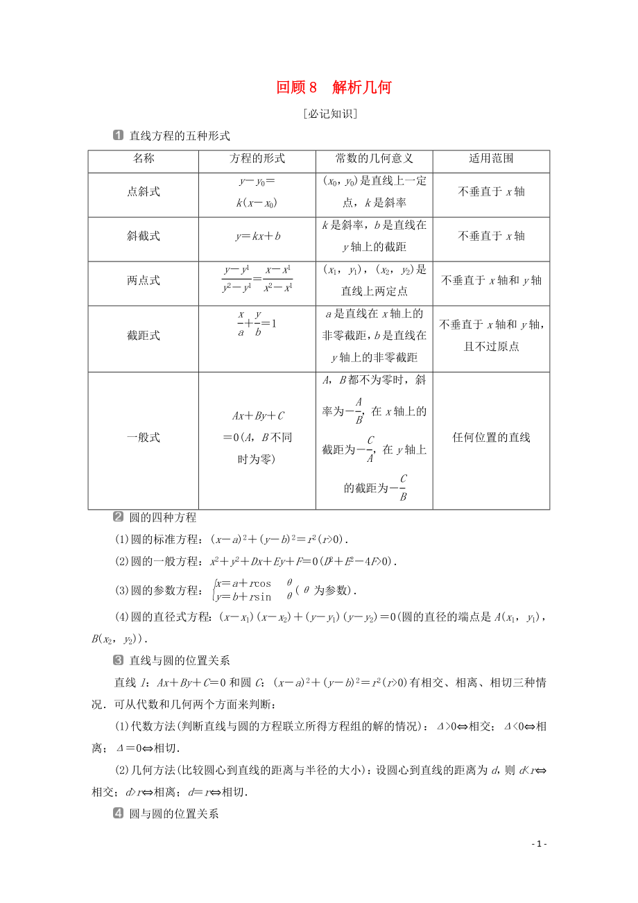 （新课标）2020版高考数学二轮复习 第三部分 教材知识 重点再现 回顾8 解析几何学案 文 新人教A版_第1页