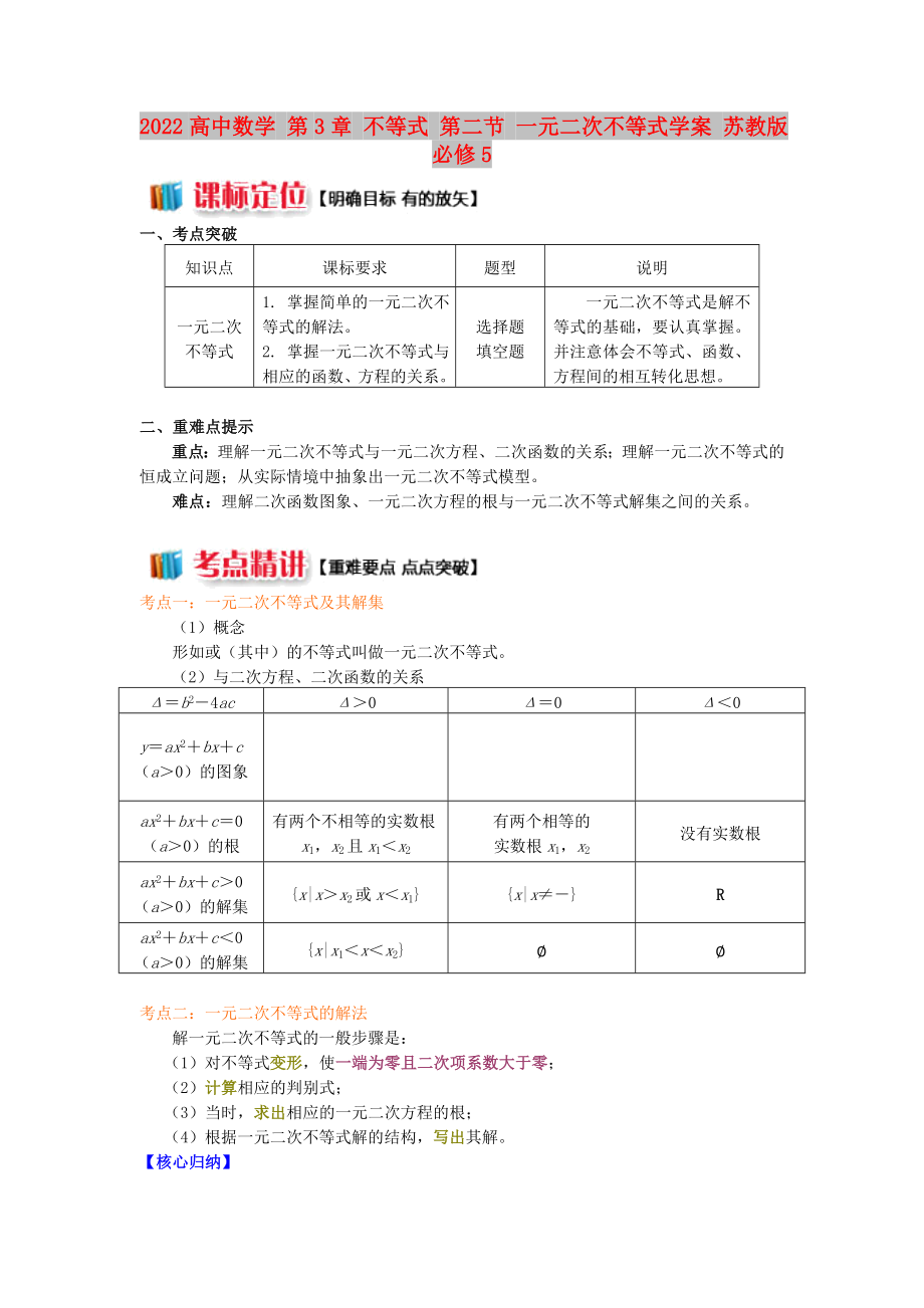 2022高中數(shù)學(xué) 第3章 不等式 第二節(jié) 一元二次不等式學(xué)案 蘇教版必修5_第1頁