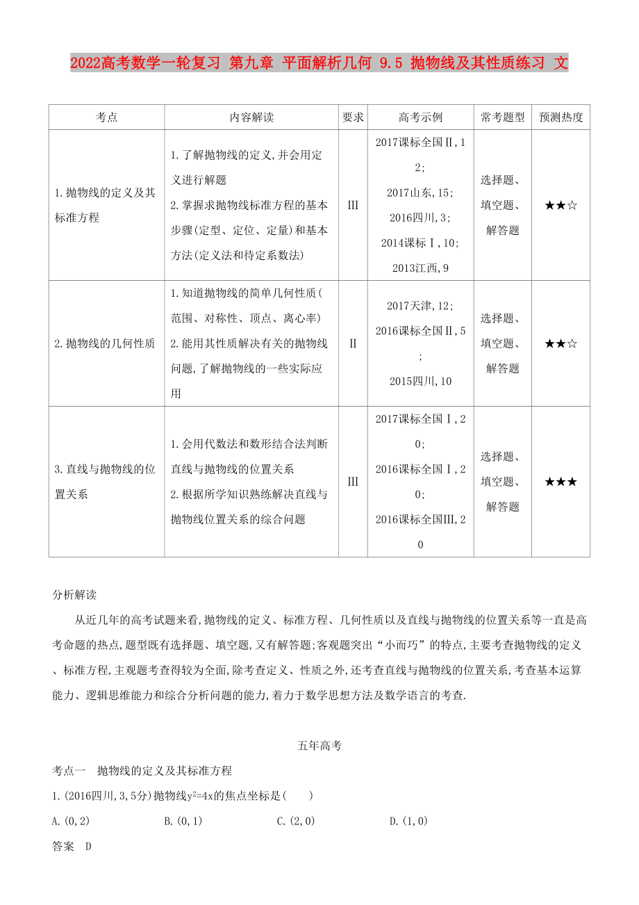 2022高考數(shù)學(xué)一輪復(fù)習(xí) 第九章 平面解析幾何 9.5 拋物線及其性質(zhì)練習(xí) 文_第1頁(yè)