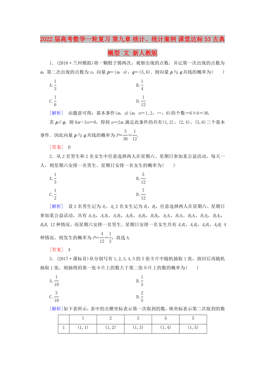 2022屆高考數(shù)學(xué)一輪復(fù)習(xí) 第九章 統(tǒng)計(jì)、統(tǒng)計(jì)案例 課堂達(dá)標(biāo)53 古典概型 文 新人教版_第1頁(yè)