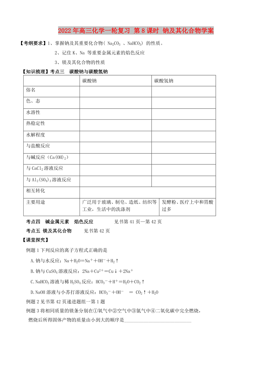 2022年高三化學(xué)一輪復(fù)習(xí) 第8課時(shí) 鈉及其化合物學(xué)案_第1頁(yè)