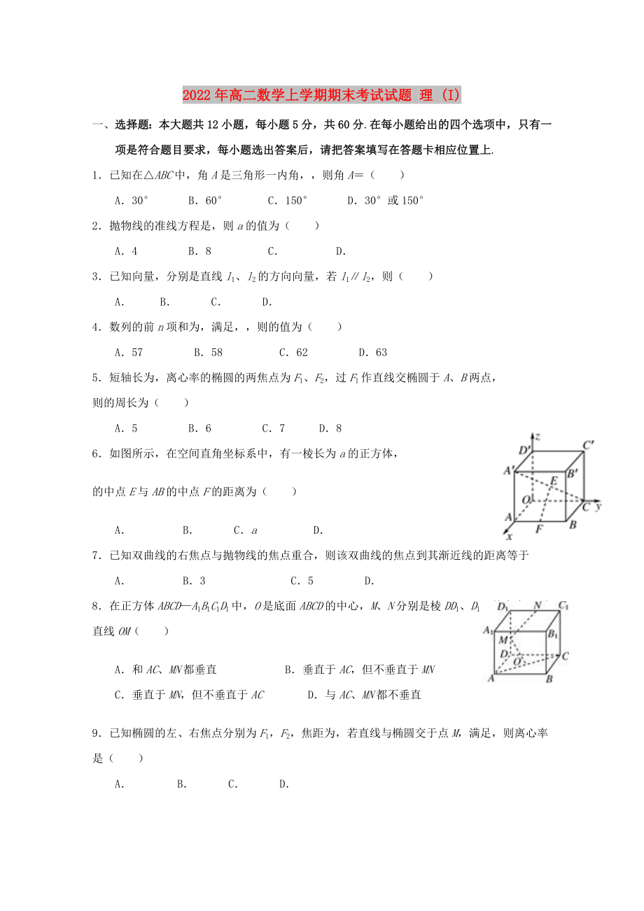 2022年高二數(shù)學(xué)上學(xué)期期末考試試題 理 (I)_第1頁