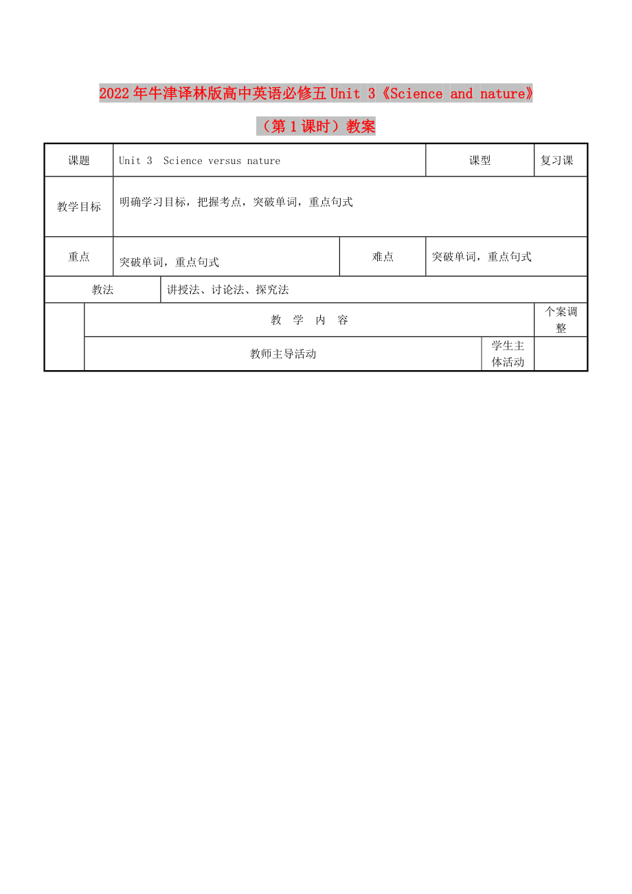 2022年牛津譯林版高中英語必修五Unit 3《Science and nature》（第1課時(shí)）教案_第1頁