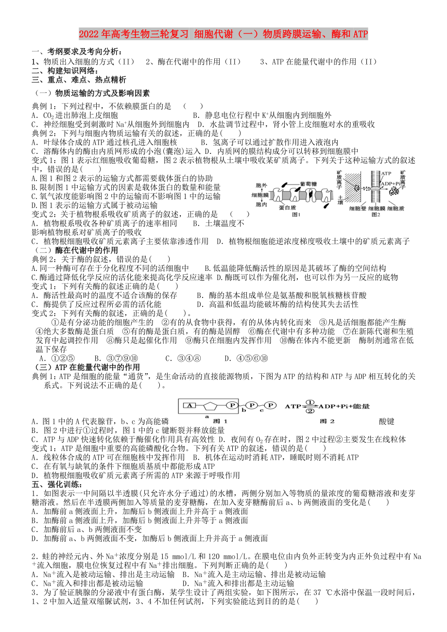 2022年高考生物三轮复习 细胞代谢（一）物质跨膜运输、酶和ATP_第1页