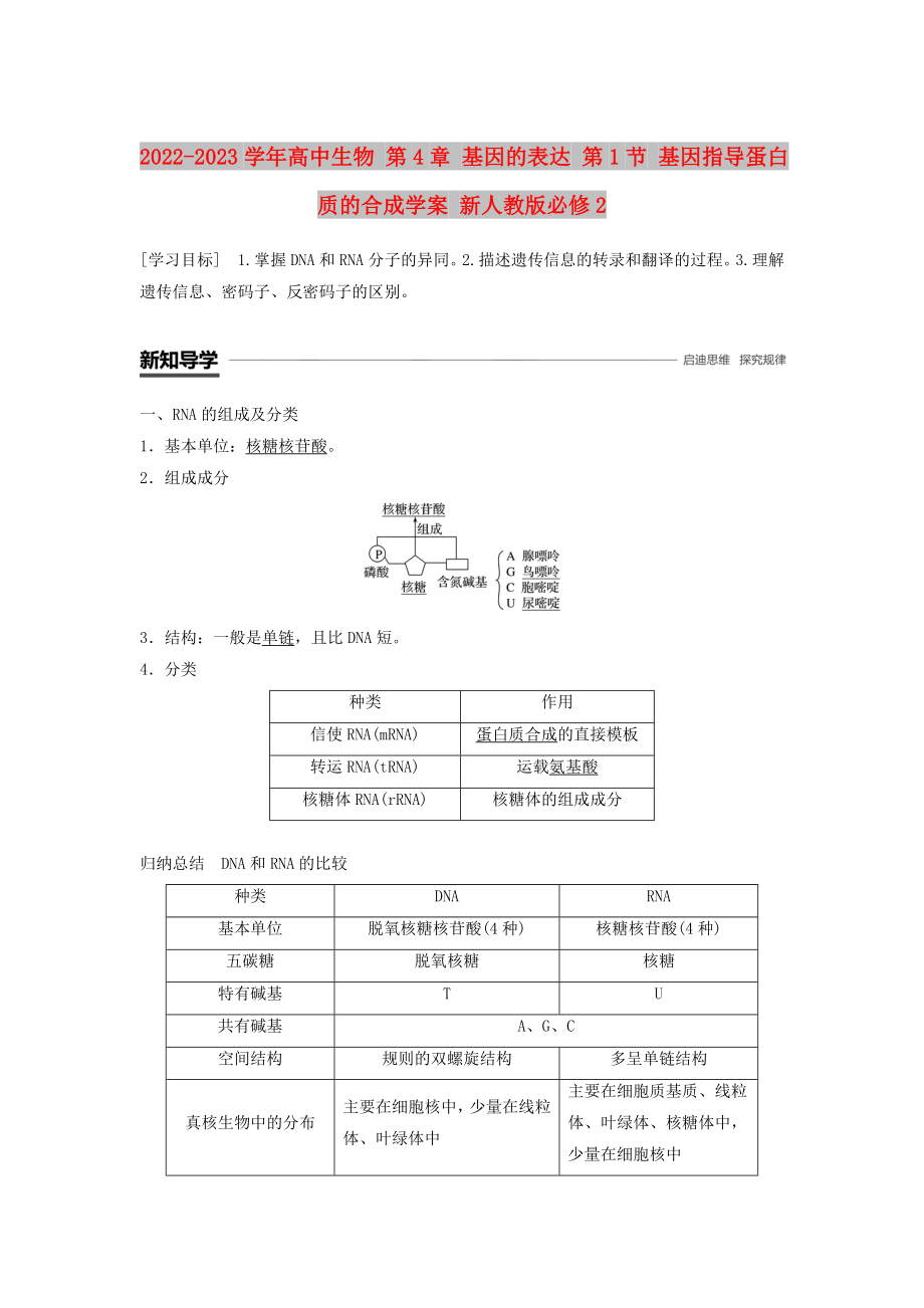 2022-2023學(xué)年高中生物 第4章 基因的表達(dá) 第1節(jié) 基因指導(dǎo)蛋白質(zhì)的合成學(xué)案 新人教版必修2_第1頁