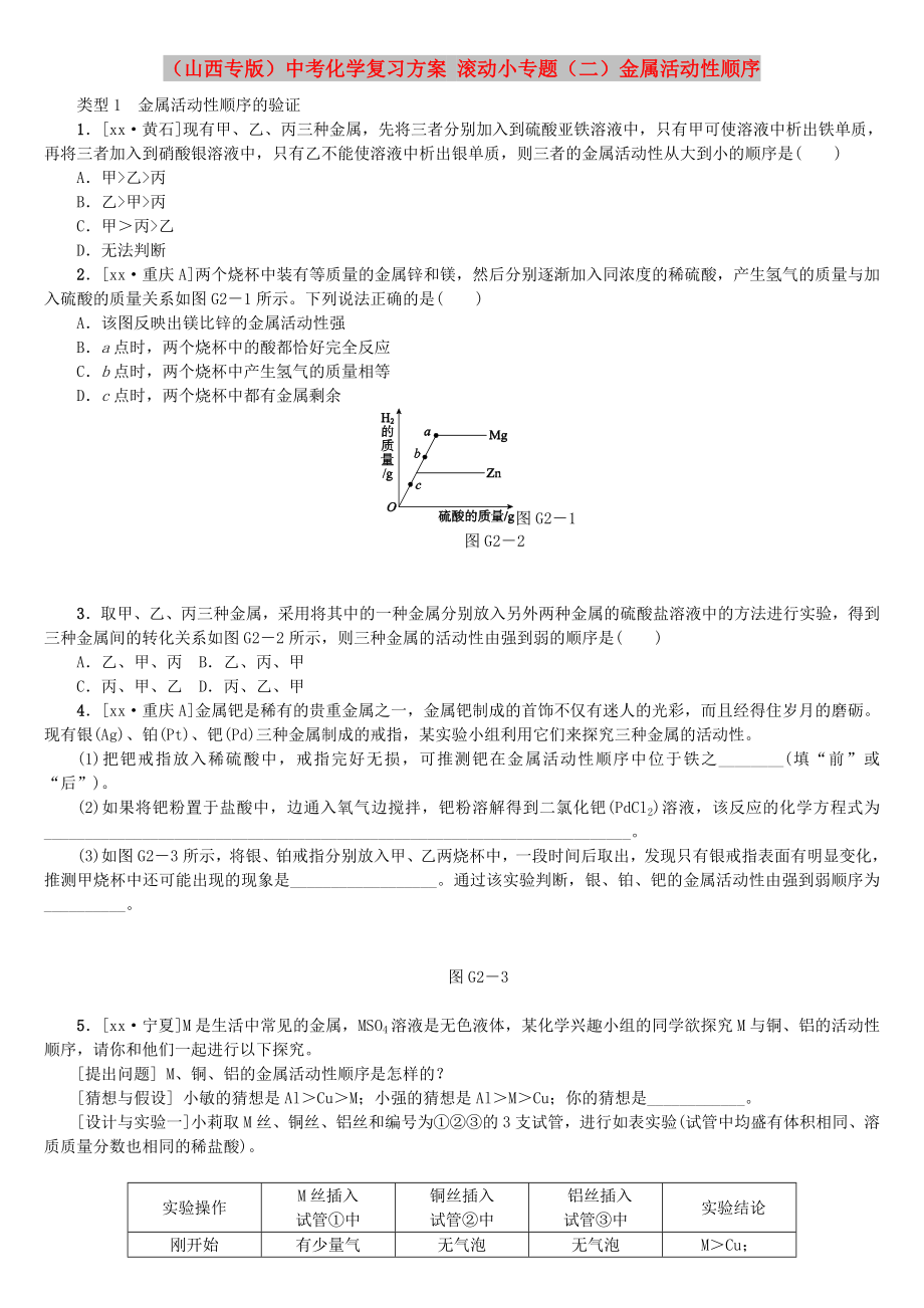 （山西专版）中考化学复习方案 滚动小专题（二）金属活动性顺序_第1页