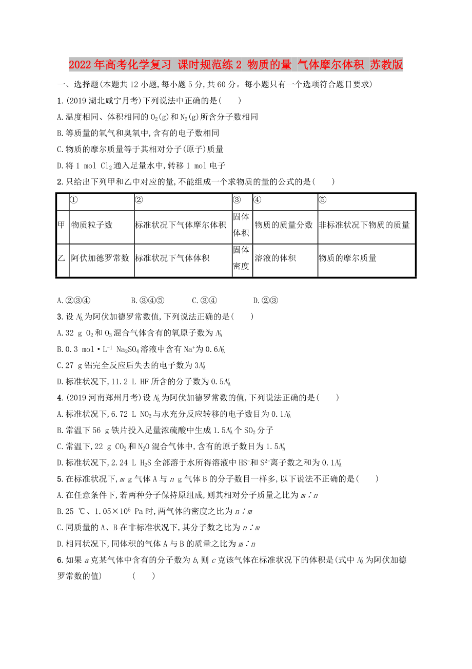 2022年高考化學(xué)復(fù)習(xí) 課時(shí)規(guī)范練2 物質(zhì)的量 氣體摩爾體積 蘇教版_第1頁