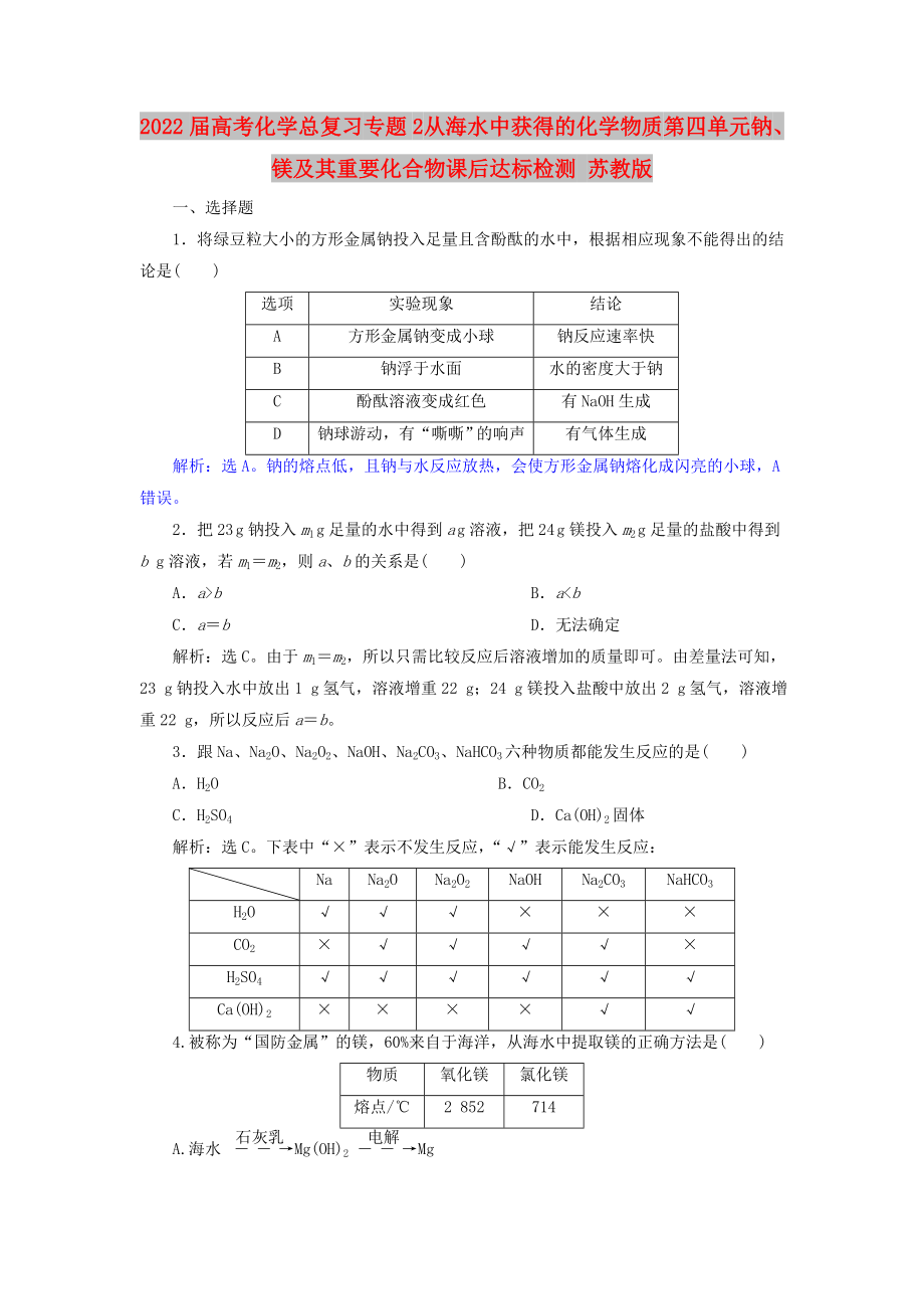 2022屆高考化學(xué)總復(fù)習(xí) 專題2 從海水中獲得的化學(xué)物質(zhì) 第四單元 鈉、鎂及其重要化合物課后達(dá)標(biāo)檢測(cè) 蘇教版_第1頁(yè)