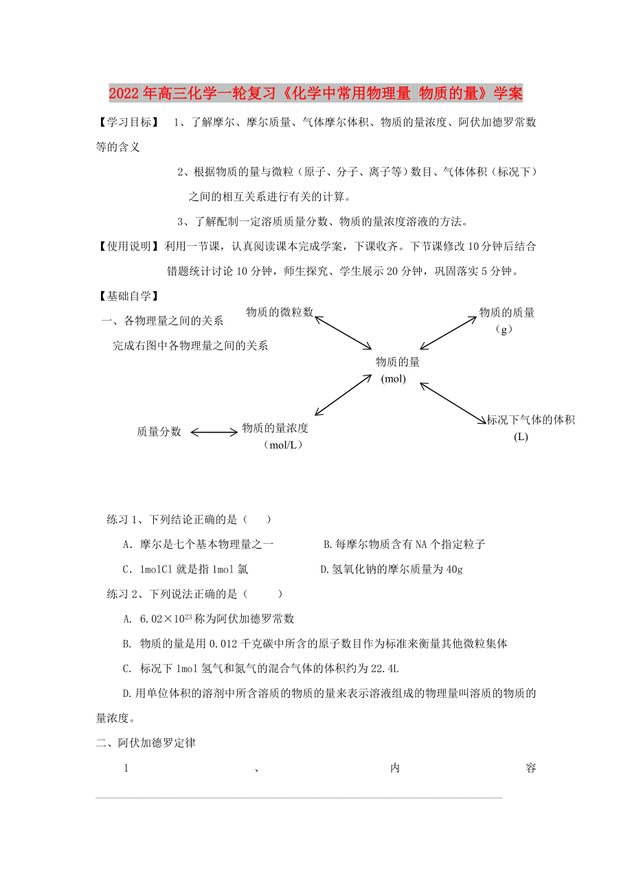 2022年高三化學(xué)一輪復(fù)習(xí)《化學(xué)中常用物理量 物質(zhì)的量》學(xué)案_第1頁