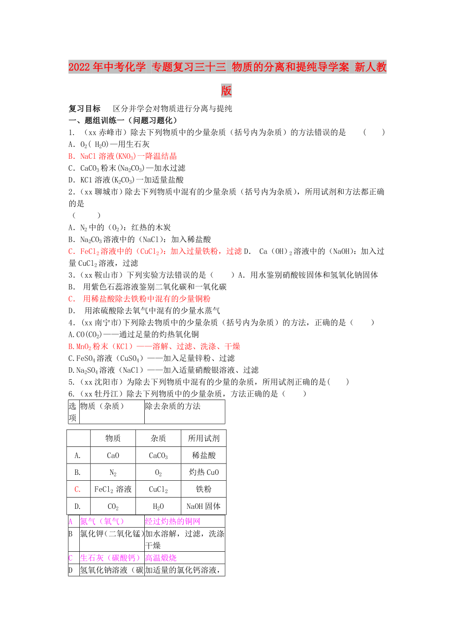 2022年中考化學(xué) 專題復(fù)習(xí)三十三 物質(zhì)的分離和提純導(dǎo)學(xué)案 新人教版_第1頁