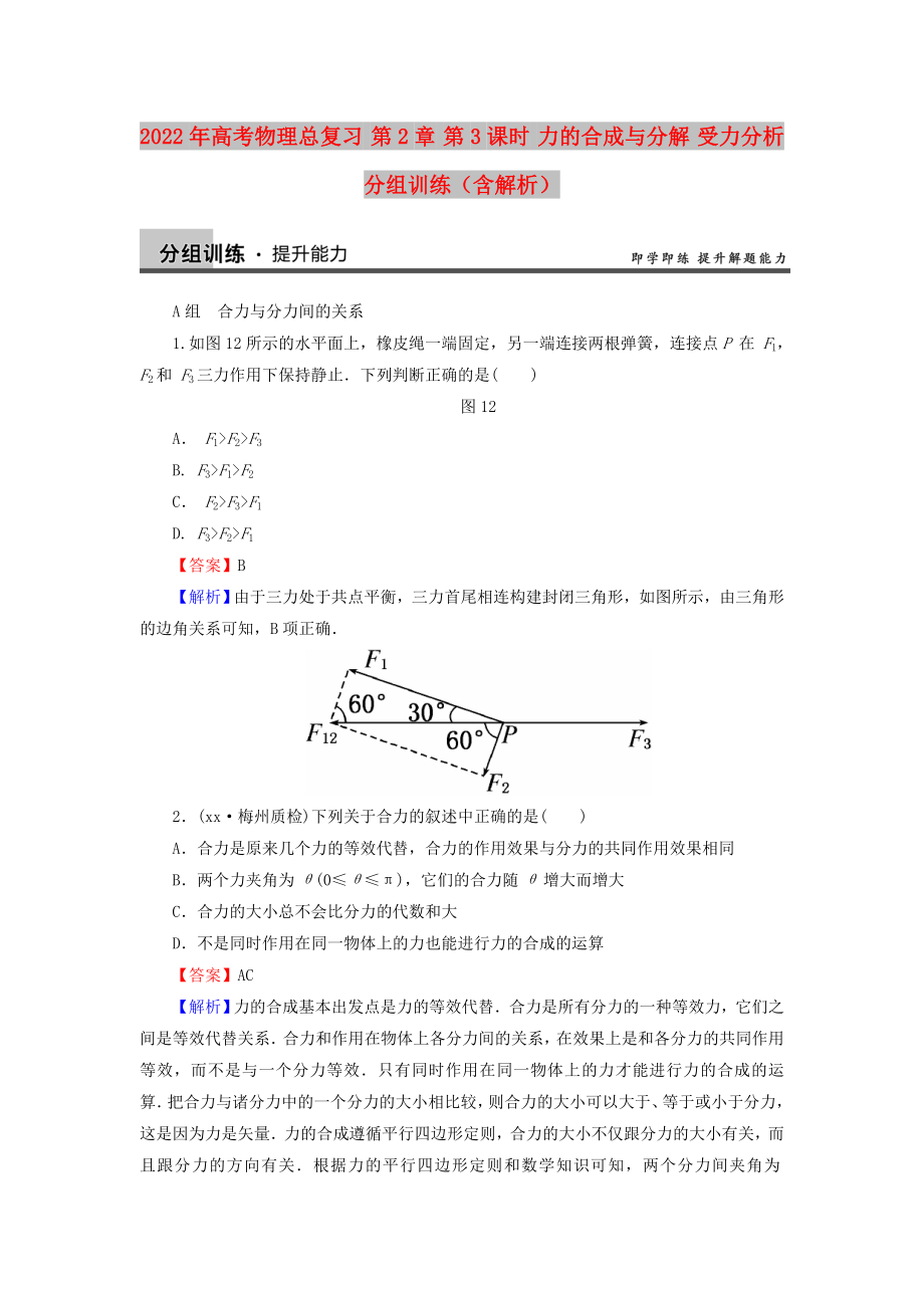 2022年高考物理總復(fù)習(xí) 第2章 第3課時 力的合成與分解 受力分析分組訓(xùn)練（含解析）_第1頁