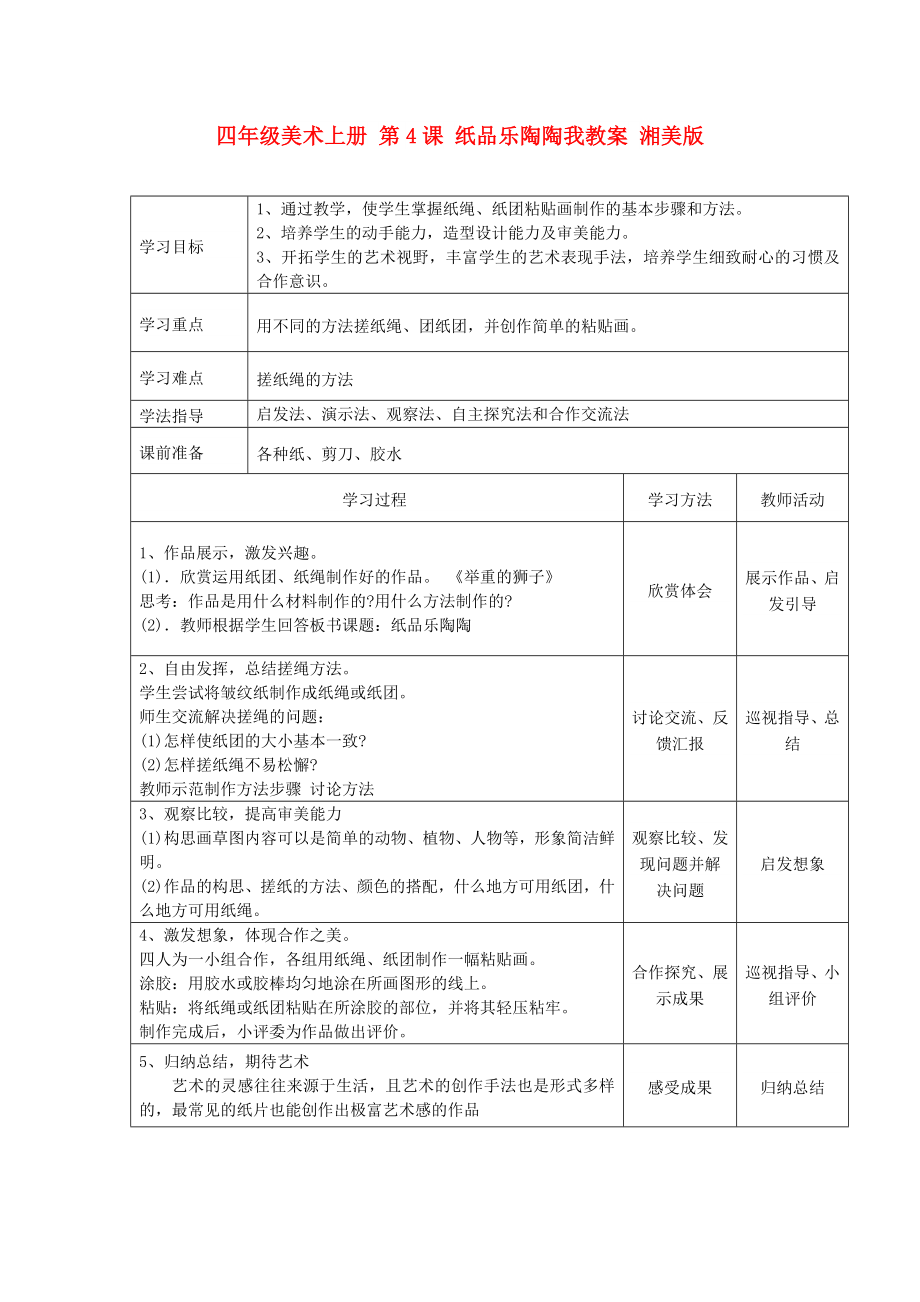 四年級美術(shù)上冊 第4課 紙品樂陶陶我教案 湘美版_第1頁